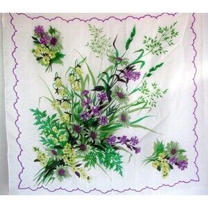 Vintage Scarf Lilac Flowers Rayon Large Square Hand Rolled Sapphire Crepe 32"